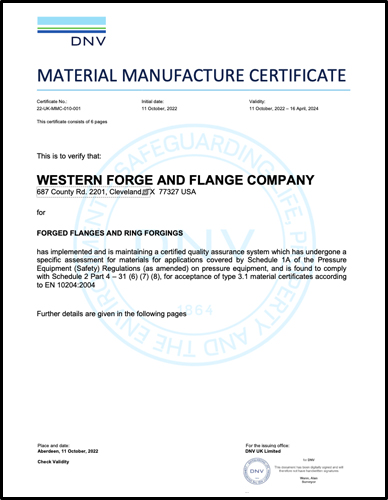 Material Manufacturing PER Certificate Western Forge and Flange Company