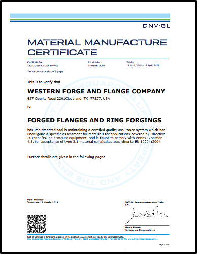 Material Manufacturing PED Certificate Western Forge and Flange Company